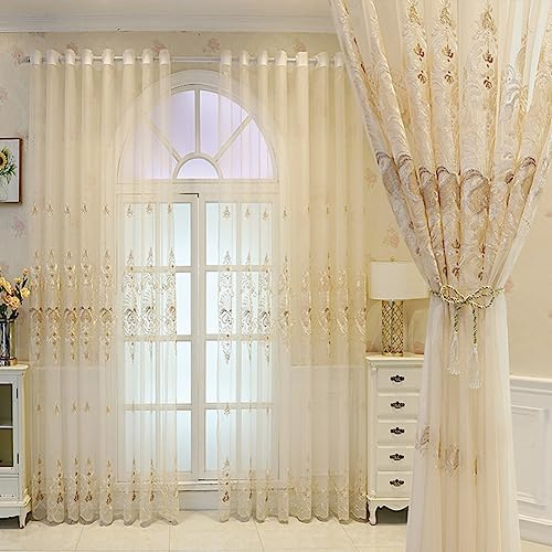 Vintage Blumen Vorhang Schlafzimmer Transparent Ösen mit Beige 3D Barock | Luxus Ösenvorhang Gardinen Halbtransparent Ösenschal Dekoschal Gardinenschal 2er-Pack 140x160