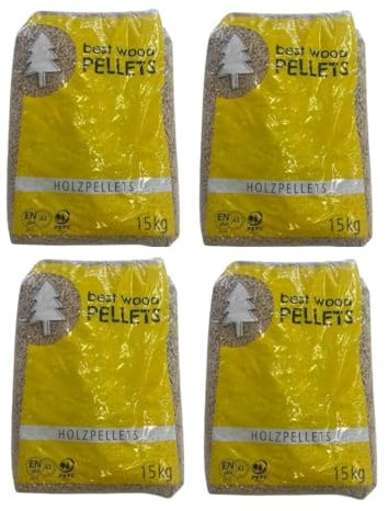 Pelletsäcke, 100 % Fichte, umweltfreundlich, 4 Packungen à 15 kg, nachhaltiger und leistungsstarker Brennstoff für die Heizung, EnPlus-A1-zertifiziert (60 kg)