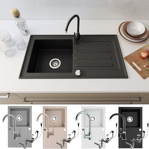 Faizee Möbel | Granitspüle 75x44 cm Schwarz | Hochwertige Küchenspüle mit Armatur & Siphon-Set | Kratzfest & hitzebeständig | Langlebiges Spülbecken für Unterschränke ab 45 cm (Grau Armatur)