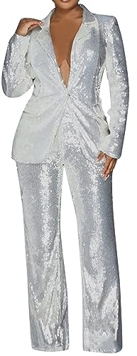 Tailleur Pantalon Femme Chic Ensemble Paillettes Col V Profond Sexy Coupe AjustéE Chic Elegante Blazer Veste Mode Tendance Set Slim Fit Costumes Grande Taille Casual Sequins Suit pour Soirée Fête