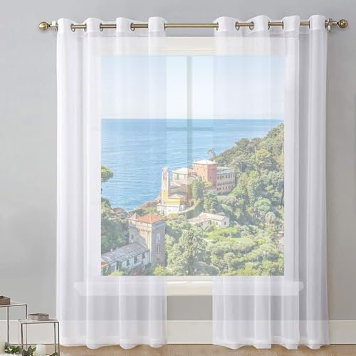 Voile Scheibengardine 250 x 50 cm Polyester, mit Ösen Transparent Bistrogardine Scheibengardine Kindergardine für Küche Wohnzimmer Landhaus, Weiß