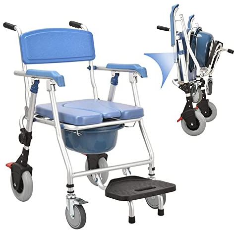 WOTZOV Toilettenstuhl für Senioren, Badezimmerrollstuhl, Faltbarer Nachttischstuhl, Badestuhl, mobiler Transportstuhl, höhenverstellbar, 360 ° geräuscharme Rolle, mit Töpfchen,