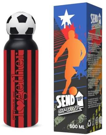 SEND UP Borraccia Calcio ROSSO/NERI Squadra del Cuore, Acciaio Inox 550ml, Copritappo Silicone Palla da Calcio, Infrangibile, Lavabile Lavastoviglie, Tappo Vite Igienico, Regalo Sportivo Ecologico