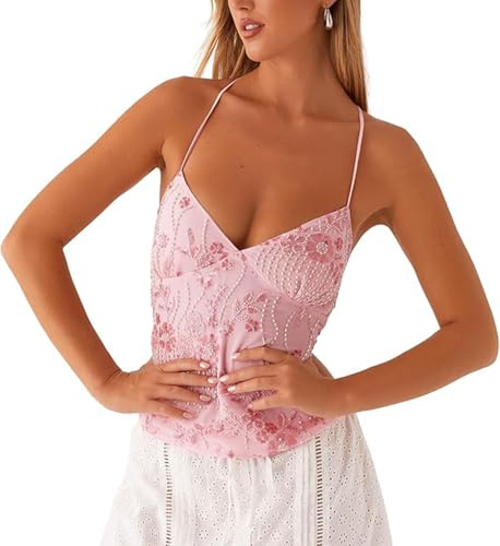 SUIUOI Damen Rückenfreies Neckholder Top – Sommer Tops Y2K Glitzer Crop Top mit Pailletten, Blumenstickerei & Perlendetails, Sexy Schnür-Top Rosa S