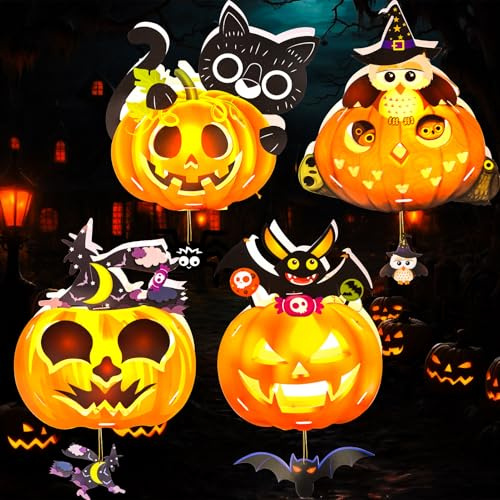 Joycabin Halloweenlyktor dekoration, 4 stycken PVC pumpalyktor med stav och LED-lampor, gör-det-själv hembyggd handlampa för pojke flicka barn halloween utomhus festdekorationer