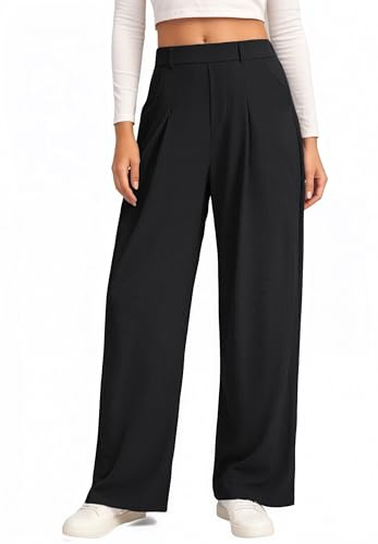 Oyamiki Pantalon décontracté en tissu ample pour femme - Pantalon Palazzo en maille gaufrée - Taille haute - Élégant et confortable - Avec élastique, Noir petit, L petite