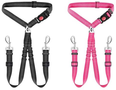 XFSRG Cintura Sicurezza Cani Auto Regolabile 2 in 1 Guinzaglio per Cani Auto Animale Ammortizzante Elastico per Cane di Piccola e Media Taglia (Nero + Rosa)