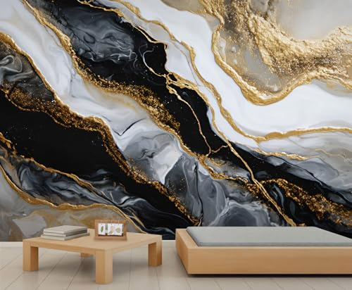 YEMYOR Black Gold Marble Mural Wallpaper Light Luxury Marble Texture Wall Mural Golden Cracked Marbles Wallpaper Abstract Fluid Art Sofa Background Murals for Living Room Bedroom-150x100cm