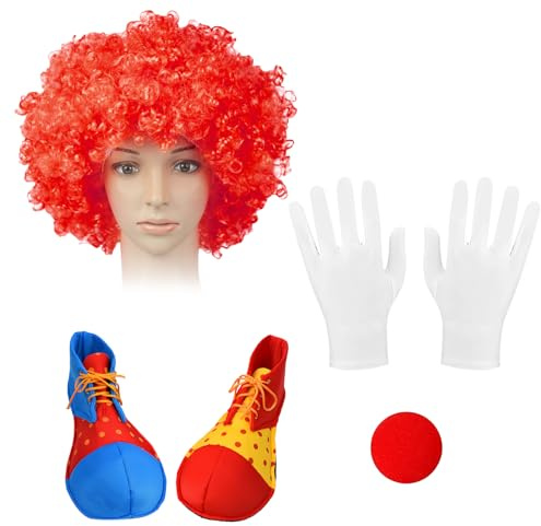 4 Piezas Conjunto de Disfraz Payaso Accesorios, Peluca de Payaso, Zapatos de Payaso, Nariz y Guantes de Payaso, Accesorios de Disfraz de Payaso para Adultos, para Halloween, Circo, Carnaval, Cosplay