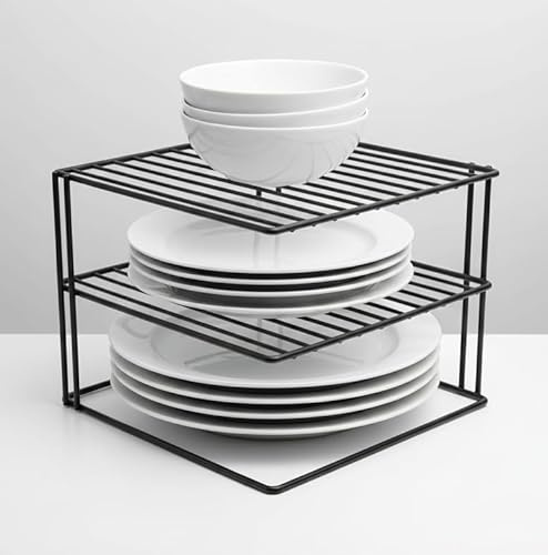 Top Home Solutions 3 Tier Corner Kitchen Plate Bowl Rack Stand Holder Tidy Cupboard Shelf Insert Storage Organiser, Space Saving, H19.5 x W25.5 x D25.5cm (Black)