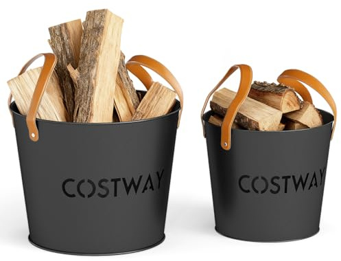 COSTWAY Ash Bucket Set of 2, Metal Coal Ash Can Set with 11.5 Gal & 8.5 Gal Bucket, Leather Carrying, Indoor Outdoor Ash Tool Cleaning Bucket for Fireplace Fire Pits Wood Burning Stoves, Black