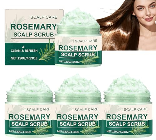 Gommage pour cuir chevelu au romarin, exfoliant nettoyant en profondeur pour les pellicules et les cuirs chevelus gras, gommage capillaire exfoliant au sel marin et au romarin (4pcs)