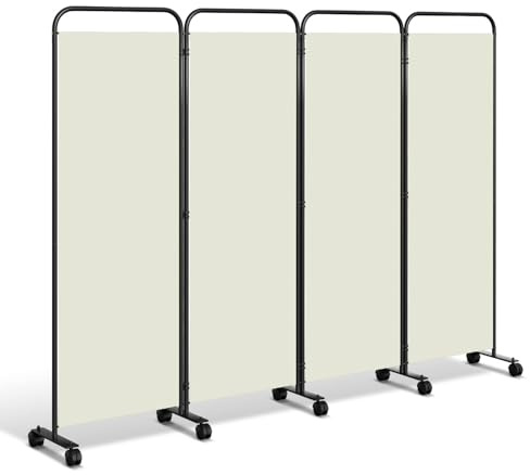 Fogmiea Paravent auf Rollen, flexibel 4 Teilig Privatschutz,228x180cm verstellbar Sichtschutz Stellwand Sichtschutz Windschutz, Raumtrenner für Garten, Badmöbel, Büros, Beige