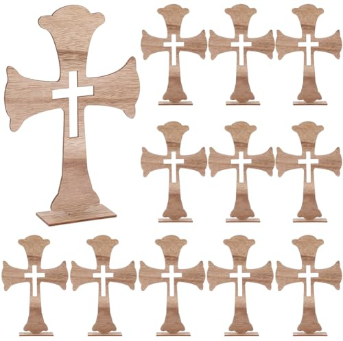 PH PandaHall 12 cruces de madera, centros de mesa de bautizo, decoración de mesa de cruz de pie para mesa, iglesia, boda, decoración de Pascua, decoración de primera comunión, 5.5 x 1.5 pulgadas