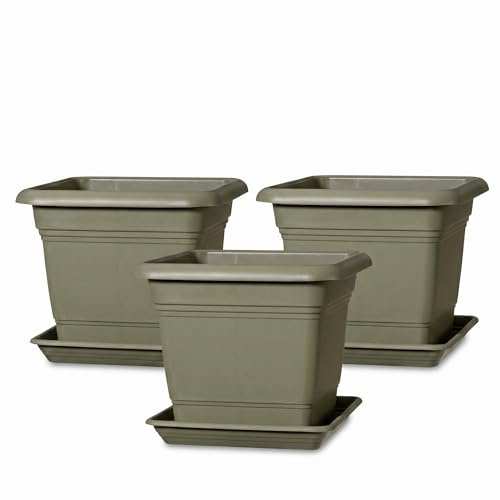 Scheurich Nora 3er Set Pflanztöpfe mit Untersetzern, Grün, Ø 39 cm, H 31,5 cm