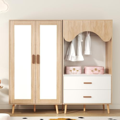 Merax Kinderkleiderschrank Set (zweitüriger Kleiderschrank + offene Garderobe), Aufbewahrungsschrank mit Schubladen, Kleiderstange & Einlegeboden, Schrankwand 160x46x141,5 cm, Weiß & Holz-Optik