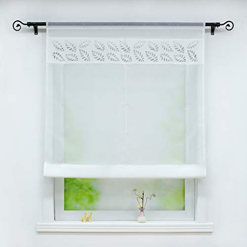 Joyswahl Voile Raffrollo mit Tunnelzug Transparente Bändchenrollo mit Blätter-Lasercut »Lilian« Schals Fenster Gardine BxH 80x140cm Weiß 1 Stück