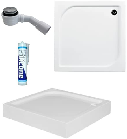 ECOLAM Duschwanne Duschtasse Oskar Viereck quadratisch 90x90 x16 cm Tiefe 4 cm Acryl weiß + Siphon + Silikon (90 x 90 cm)
