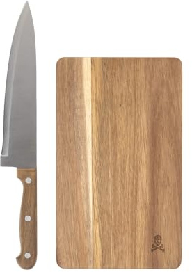 SCALPERS HOME | Set de Cuchillo y Tabla de Cocina | Fabricado con Acero 100% | Cuchillo con Mango de Madera | Tabla de Madera con Detalle de la Calavera | Utensilios de Cocina