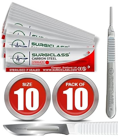 Lames de scalpel No 10 en acier au carbone stériles, lot de 10 et poignée n° 3, parfaites pour l'art du bois, Chirurgicale, la sculpture, l'anatomie de laboratoire, Création d'enseignes SURGIRD10-10
