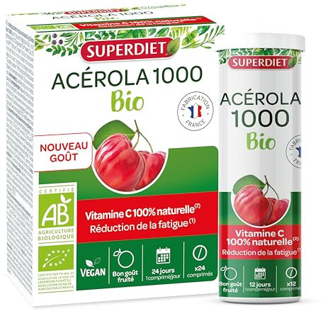 SUPERDIET- ACÉROLA 1000 BIO - Haute concentration en Vitamine C-Réduction de la fatigue-Fabrication Française-24 comprimés à croquer