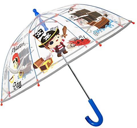 PERLETTI Paraguas Transparente Niño con Pirata y Barco - Paraguas Infantil Burbuja para Niños de 3 a 5 Años Resistente - Sombrilla Lluvia con Detalles Reflectantes y Apertura Manual - Diámetro 64 cm