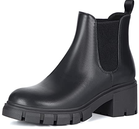 Athlefit Women's Chelsea Boots Fashion Lug Sole Chunky Heel Slip on Elastic Ankle Black Booties Size 7