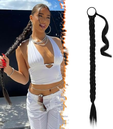BARSDAR 76cm Langes geflochtenes Pferdeschwanz-Verlängerungsgummiband, gerade umwickelter Zopf, Haarverlängerungen, Pferdeschwanz, DIY, natürliches, weiches, synthetisches Haarteil für Frauen