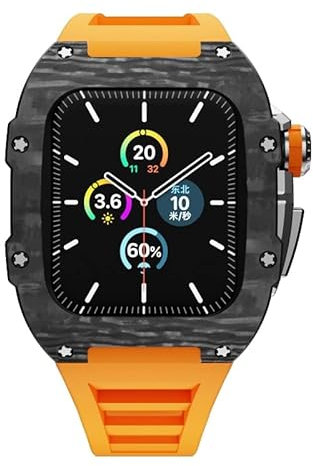 CZKE Kit de modification de luxe étui en fibre de carbone pour bracelet Apple Watch 45 mm 44 mm en caoutchouc + bracelet en métal pour iWatch Series