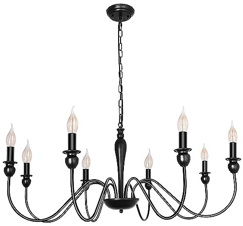 Lámpara De Araña De Casa De Campo Negra Mate, Lámpara De Techo, 8 Luces, Grande, Rústica, Industrial, Ø95 cm, Candelabros Para Comedor, Vela, Lámpara De Techo, Para Sala De Estar, Dormitorio, Cocina