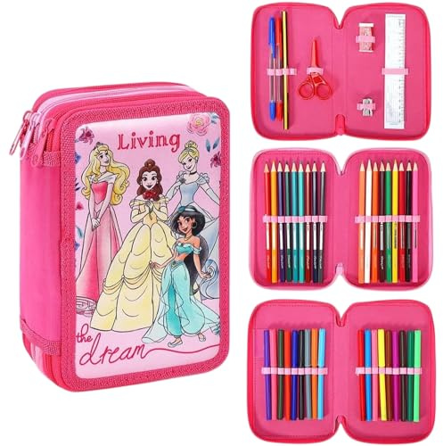 Cerdá Disney Princess 3-stöckiges großes Federmäppchen, mehrere Fächer, Schulbedarf, Schreibwaren, Buntstifte, Bleistifte, Sets, mehrfarbig, Disney Princess Federmäppchen, 3 Etagen, groß