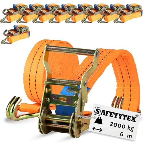 Safetytex Spanngurte Ratsche Haken 2000 kg 6 m 35 mm zweiteilig (10 Stück) | Zurrgurt, Ratschengurt, hochwertiges Polyester, sicherer Transport, zuverlässige Ladungssicherung, robust