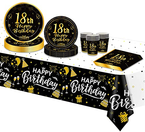 TOPWAYS 18 Años Vajilla Desechable Set, Oro Negro Papel Elegante Platos Tazas Mantel para Fiesta Decoración Cumpleaños Niño Chico Niña, 16 Invitados