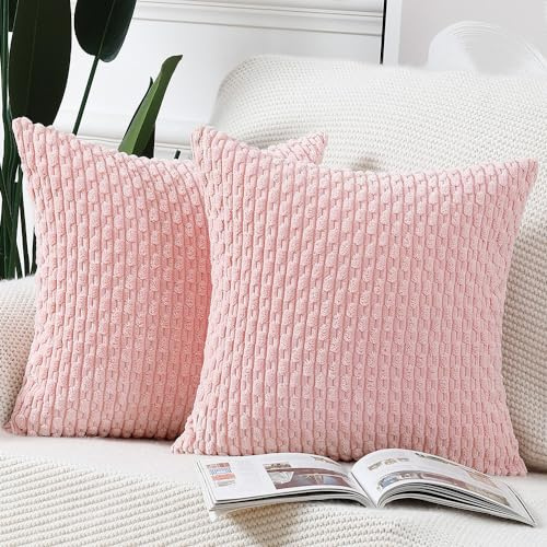 Madizz 2er Set Boho Gestreifte Kissenbezüge Weicher Kord Dekorativer Kissenbezug für Schlafzimmer Sofa Kissenhülle Hellrosa 45 x 45 cm
