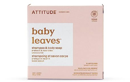 ATTITUDE Baby Shampoo & Body Wash Bar 2-in-1, EWG Verified, Unscented, 3 Oz