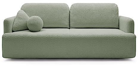 Dreisitzer-Sofa Lambina mit Schlaffunktion, Bettkasten, Boucle-Bezug in Salbeigrün