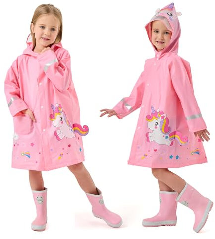 Lymaha Kinder Regenmantel - Wasserdichter Regenponcho mit Kapuze, Transparenter Hutkrempe & Reflektierenden Streifen für Jungen/Mädchen (XL, 120-130, Rosa)