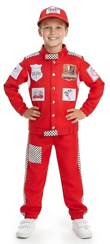 CoolChange Costume de pilote de course pour enfant | Costume de pilote automobile pour garçon | Avec veste, pantalon et bonnet | Taille : 128-152, rouge, 140 cm