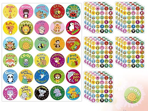 KAPSING 600 Stück Motivationsaufkleber belohnungssticker für Kinder, Deutsch Lehrer Belohnung Aufkleber, Selbstklebende Grundschule Tiere Belohnungssticker