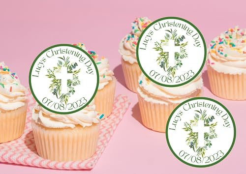 edible 20 x Christening/Baptism Personalised cupcake toppers UNCUT green - Naming ceremony/Communion etc (wafer paper)