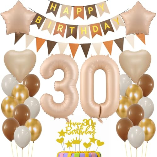 Luftballon 30. Geburtstag Deko, 30 Jahr Beige Braun Luftballon, Geburtstagsdeko 30 Jahre Braun Beige, Ballon 30. Geburtstag Frau Mann, Luftballons Zahl 30 für Frauen Männer, 30. Party Deko