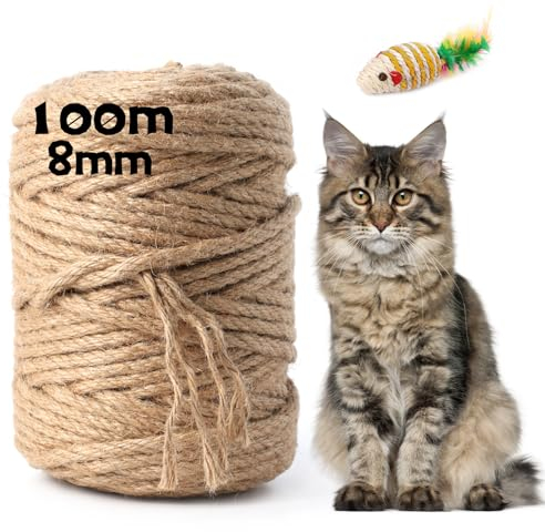 Corda Naturale per Tiragraffi Gatti, 100M x 8MM - Sisal per Albero Gatto, Canapa per Decorazione Casa e Giardino (100M, 8MM)