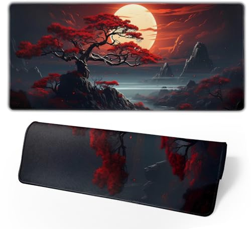 Darkness Red Moon Desk Mat Japanese Mouse Pad, Large Japanese Desk Mat, XL Anime Gaming Keyboard Mat, Non-Slip Rubber Base, Big Extended Desk Protector for Home Office, 31.5”x11.8”
