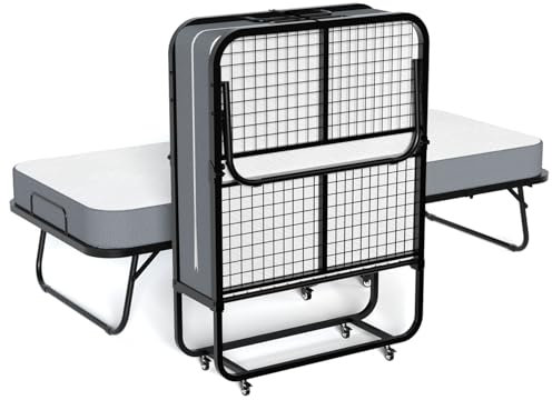 Klappbett (inkl. 13 cm Dicker Memoryschaum-Matratze), Klappbares Gästebett, Erwachsene 90 x 200 cm, Metallklapprahmen, Verstärktes Metallgitter, Belastbarkeit 250 kg