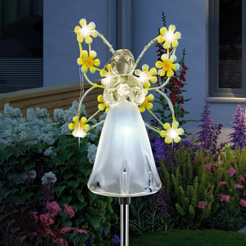 Solar Garden Lights, Solar Angel Garden Stake Lights Outdoor Waterproof, Angel Solar Lights Outdoor Garden Decor, LED Angel Decorative Lights for Cemetery Grave Yard, Memorial Sympathy Gift (Yellow)