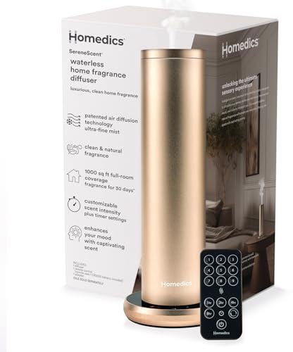 Homedics SereneScent Waterless Essential Oil Diffuser, Home Fragrance Scent Diffuser for Large Rooms, No Water Needed, Patented Air Diffusion Technology, Oil Sold Separately, Champagne