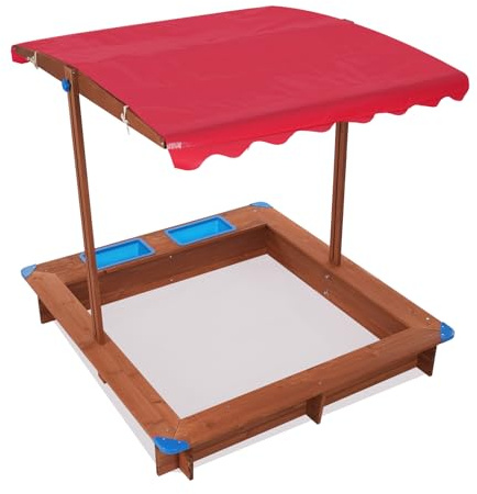 Sabbiera con tetto, 121 x 126 cm, in legno, girevole e regolabile in altezza, protezione sandbox con cucina fangosa, scatola di sabbia inclusa in tessuto non tessuto contro erbacce e parassiti,