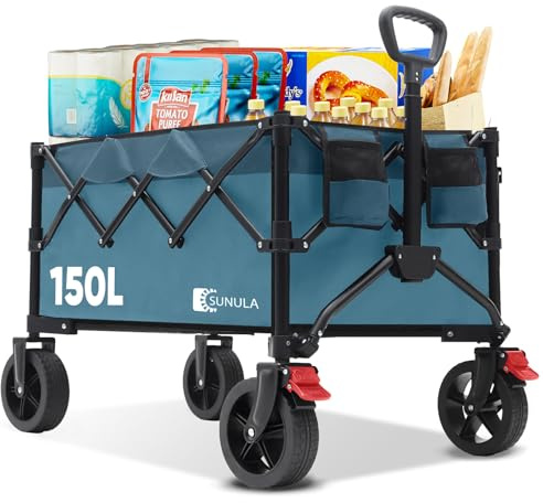 SUNULA Bollerwagen Faltbar Tragkraft 120KG, Klappbarer Handwagen mit EIN-klick-Handgriff & 4-seitig zusammenfaltbar, Geländegängig Räder mit Bremsen 150L, Grün