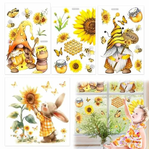 Fenstersticker Ostern - Fensterdekoration mit Sommermotiven und Osterbildern, Selbstklebende Eierfolie für Ostern, Fensterbilder mit Motiven von Hase, Biene, Gnom und Sonnenblume