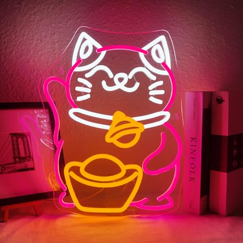 ineonlife Fortune Cat Gold Dollar Neon Schild für Wanddekoration,Led Schild dimmbar,Neon Sign USB-betrieben,5V2A,für Küche Restaurant Kaffee Bäckerei Geschäft Bar Party Dekor
